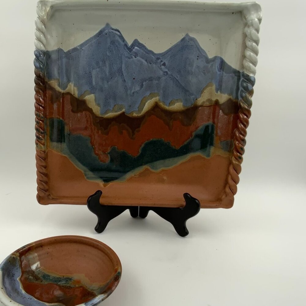 Pottery Signed Anita Garfein Square Platter & Dip Bowl Rocky Mountain Colorado